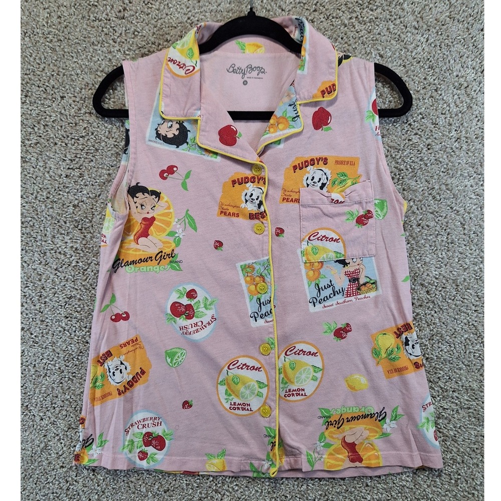 Betty Boop Pajama Top Womens M Pink Fruit Print Sleeveless Button Up Sleep Shirt